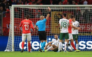 Republic of Ireland full-back Seamus Coleman (right) is sent off during the 2-0 Euro 2020 qualifier defeat in Switzerland