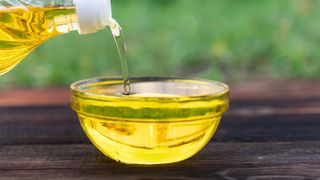 Bottle of canola oil being poured into glass bowl