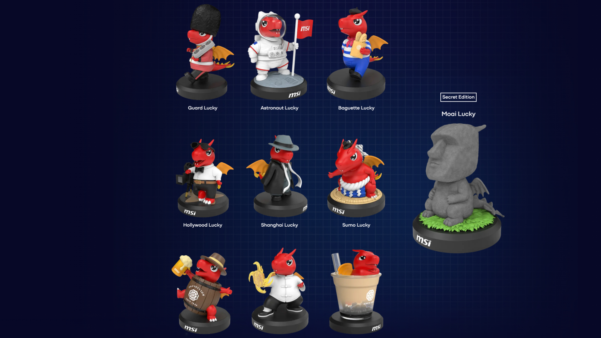 A screenshot from the MSI website showing several Lucky Dragon figurines on a blue background