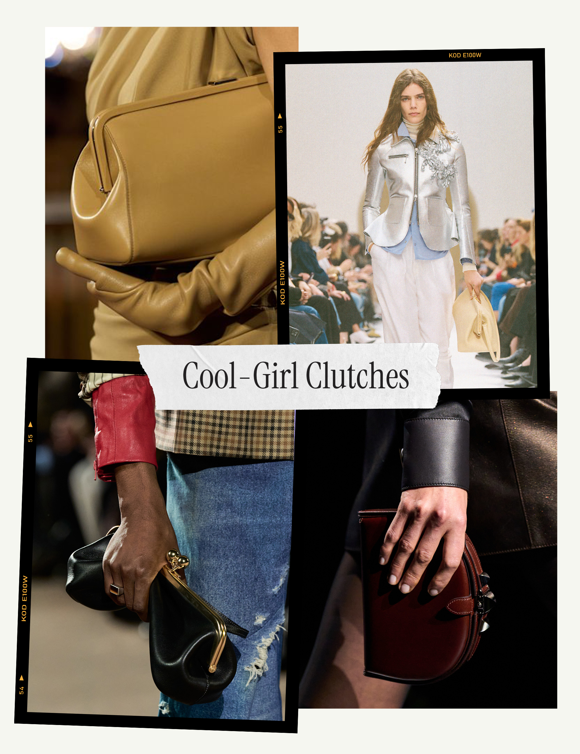 a collage of detail runway images featuring the handbag trends of fall/winter 2026