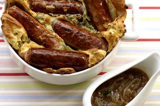 Toad in the hole with sage batter and Guinness gravy