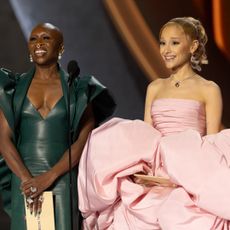 cynthia erivo and ariana grande in pink and green presenting at the 2024 oscars