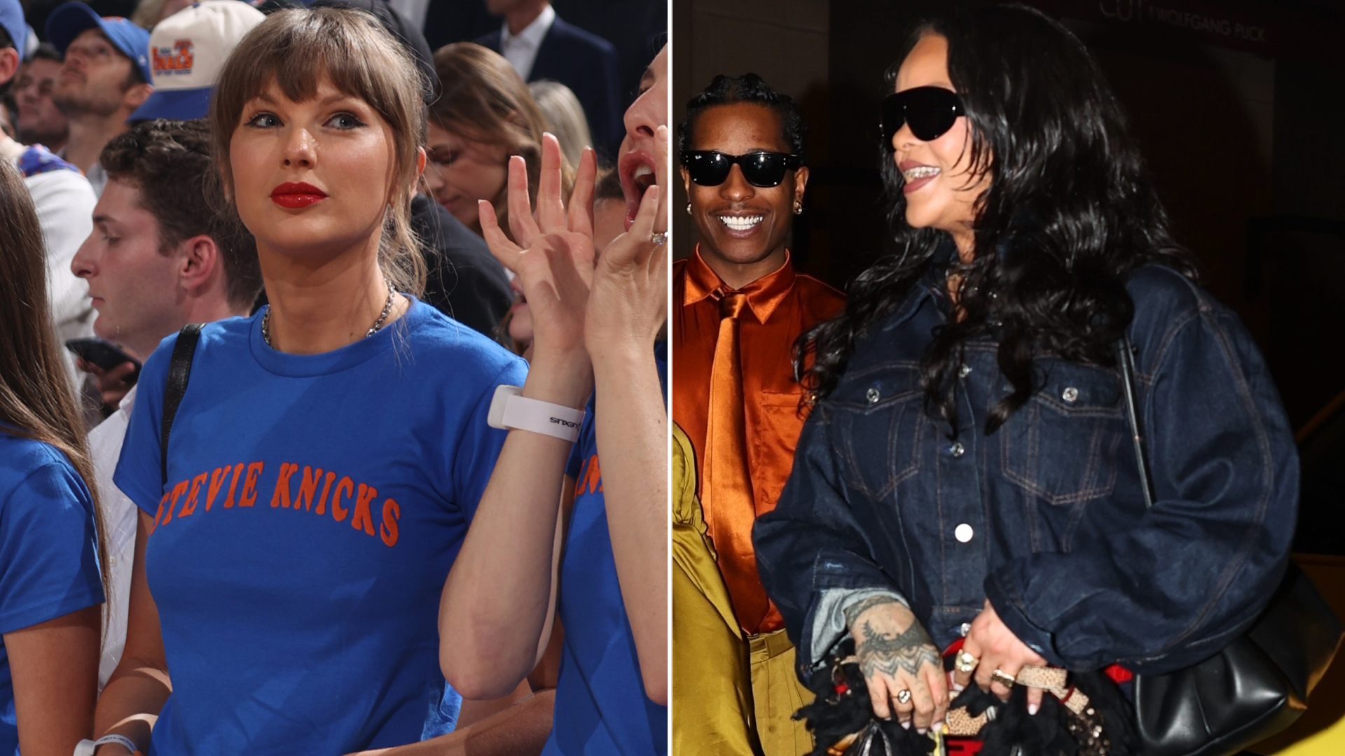 collage of celebrity denim outfits at the Knicks vs Spurs Game 4