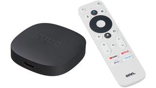 Onn 4K Google TV streaming box and remote on white background