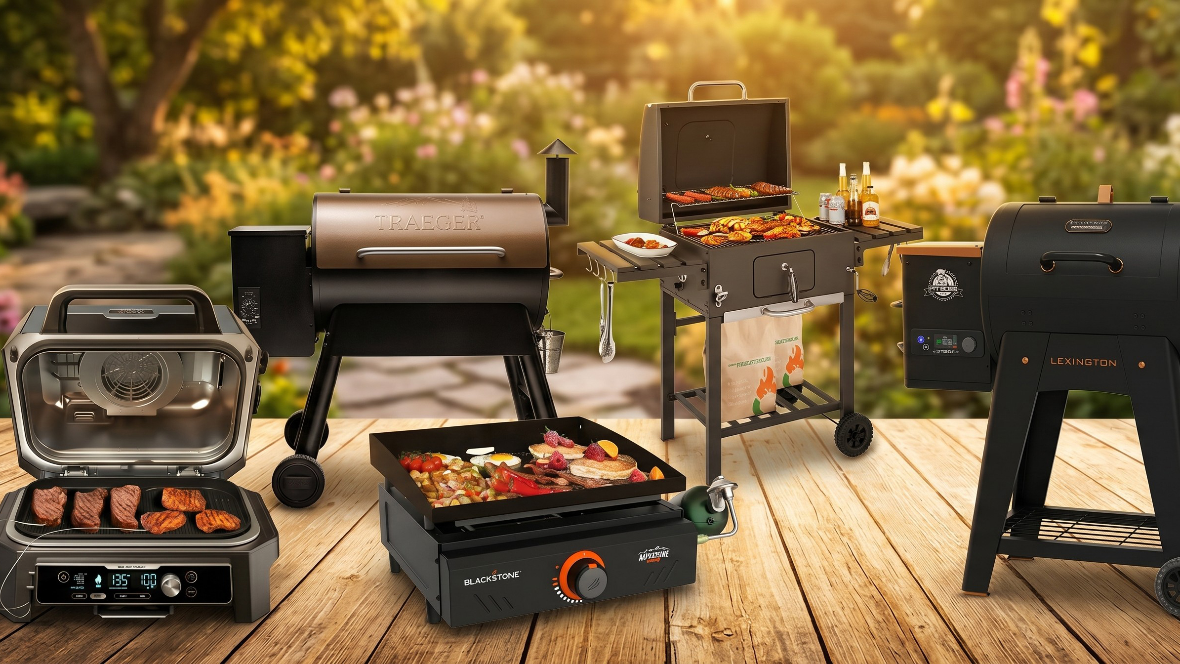 Selection of BBQs in a garden