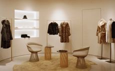Fur coats hanging on clothing rails in a boutique with white recessed wall shelves and white walls