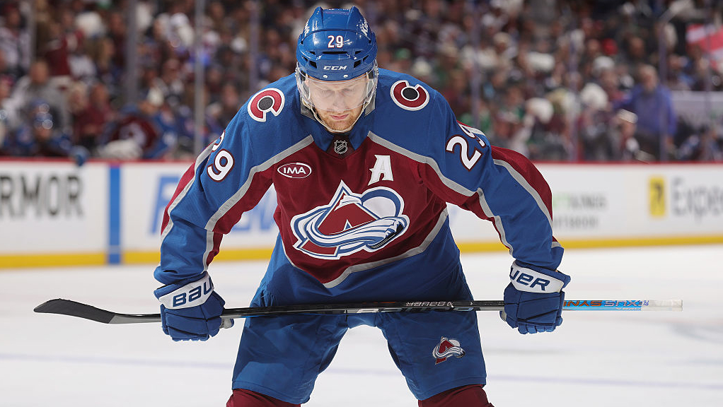 Nathan MacKinnon #29 of the Colorado Avalanche awaits a faceoff against the Dallas Stars in May 2025
