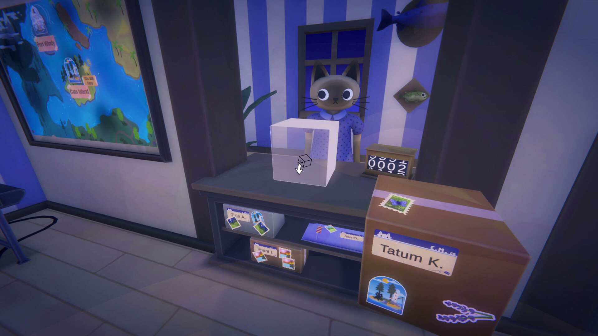 A screenshot of indie management sim Cat Mail Co. showing the player taking a parcel from a cat who stands behind a reception desk