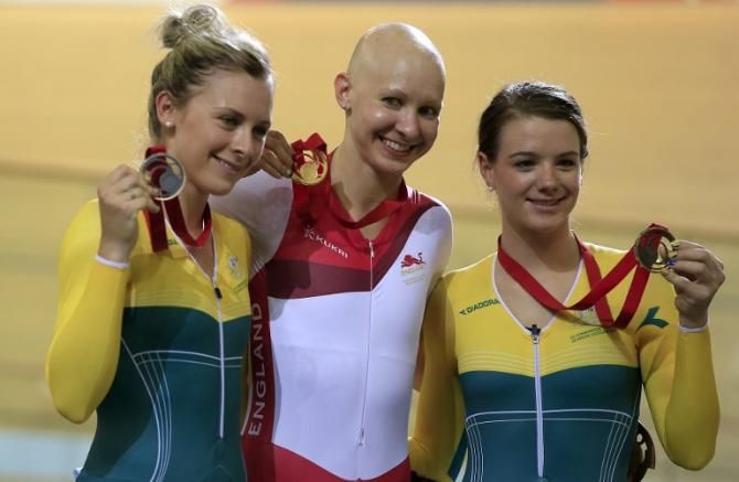 Annette Edmondson, Joanna Rowsell and Amy Cure on the pursuit podium