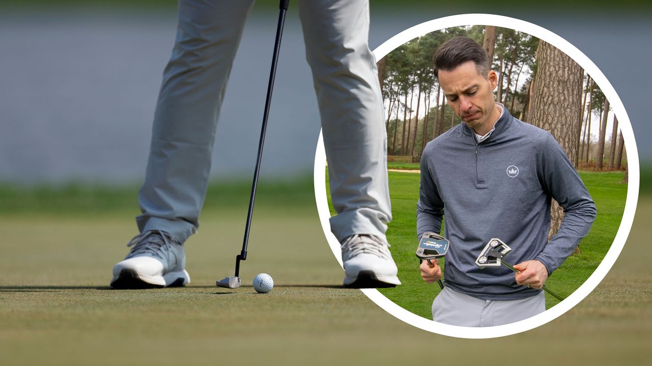 A golfer hitting a putt on the green with a blade putter, with an inset image of Joel Tadman looking unsure about which putter to select out of two options