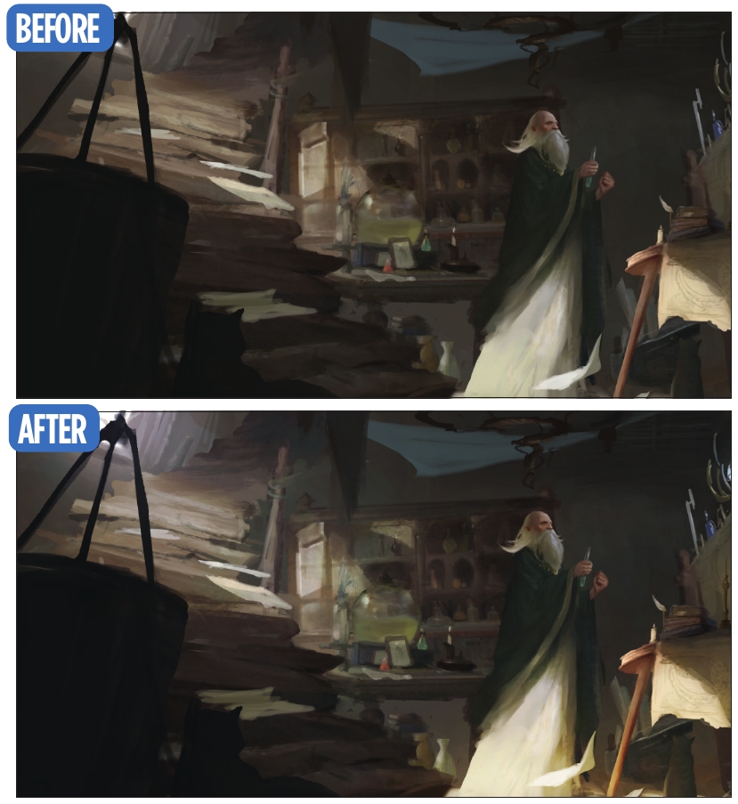 Striking fantasy scene; a wizard
