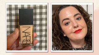 An image of senior beauty editor Rhiannon Derbyshire holding a bottle of the NARS Light Reflecting Advanced Skincare Foundation alongside another image of her wearing it on her skin to illustrate the options for the best NARS foundation