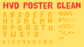 Red and orange text displaying the decorative font HVD Poster Clean on a yellow background.