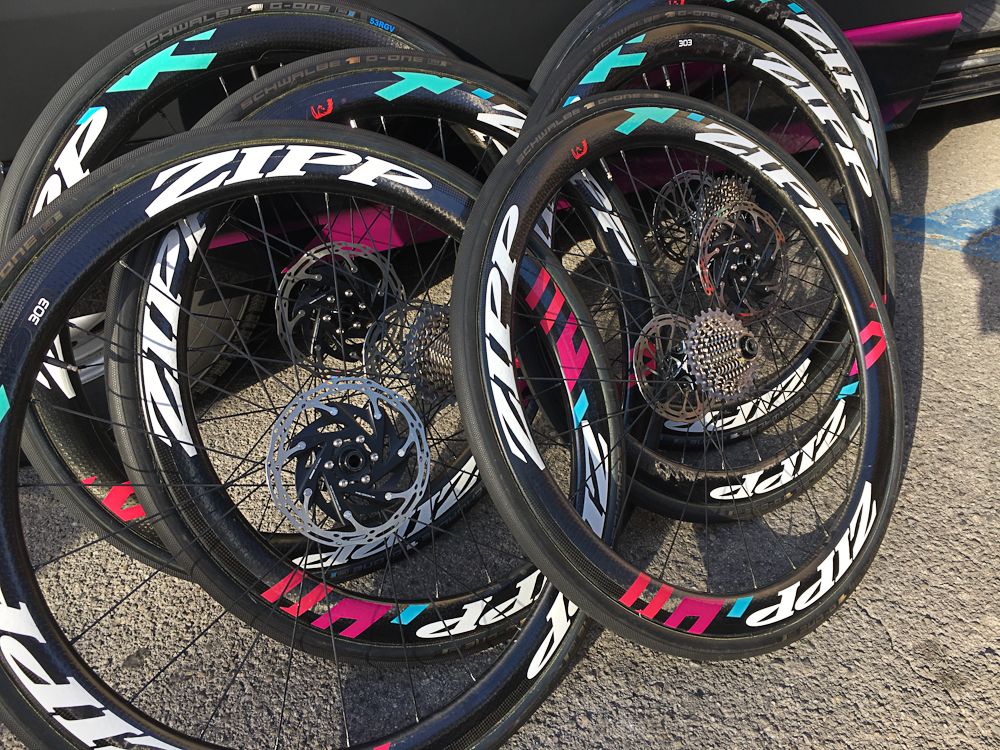 The spare Zipp wheels are ready for the Canyon-SRAM team car