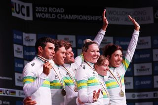 WOLLOGONG AUSTRALIA SEPTEMBER 21 A general view of bronze medalists Michael Matthews of Australia Sarah Roy of Australia Lucas Plapp of Australia Alexandra Manly of Australia Luke Durbridge of Australia and Georgia Baker of Australia pose on the podium during the medal ceremony after the 95th UCI Road World Championships 2022 Team Time Trial Mixed Relay Wollongong2022 on September 21 2022 in Wollongong Australia Photo by Con ChronisGetty Images