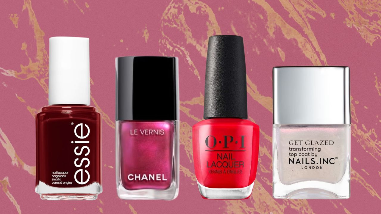 A collage of party nail polishes, including a burgundy shade from essie, a metallic fuchsia from Chanel, a red from OPI and a pearlescent top coat from nails.INC/ all pictured on a dark pink and gold marbled template