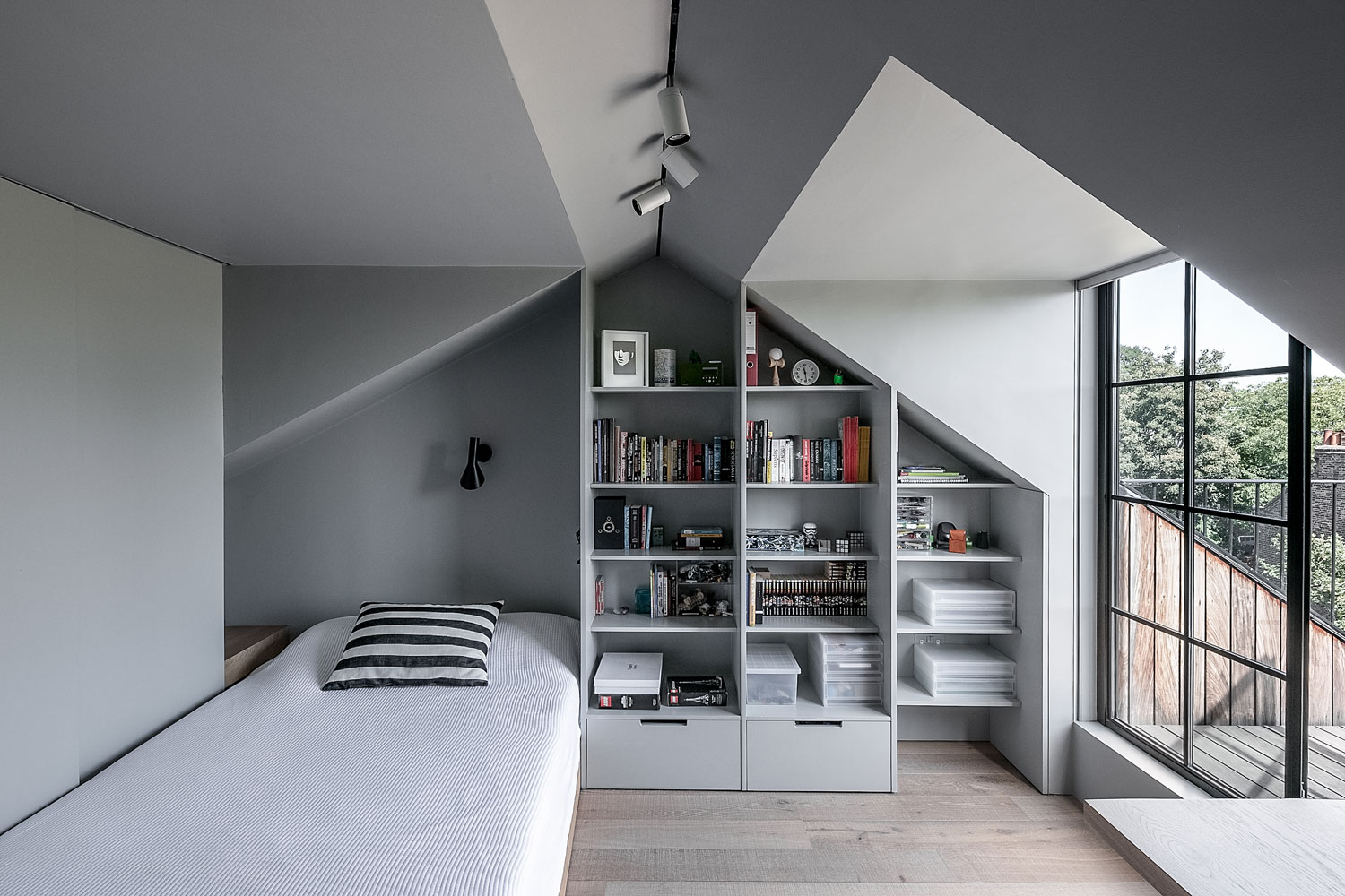 Livingetc-House-Tour-Modern-Home-Islington-Grey-Attic-Bedroom-with-Single-Bed-And-Roof-Terrace