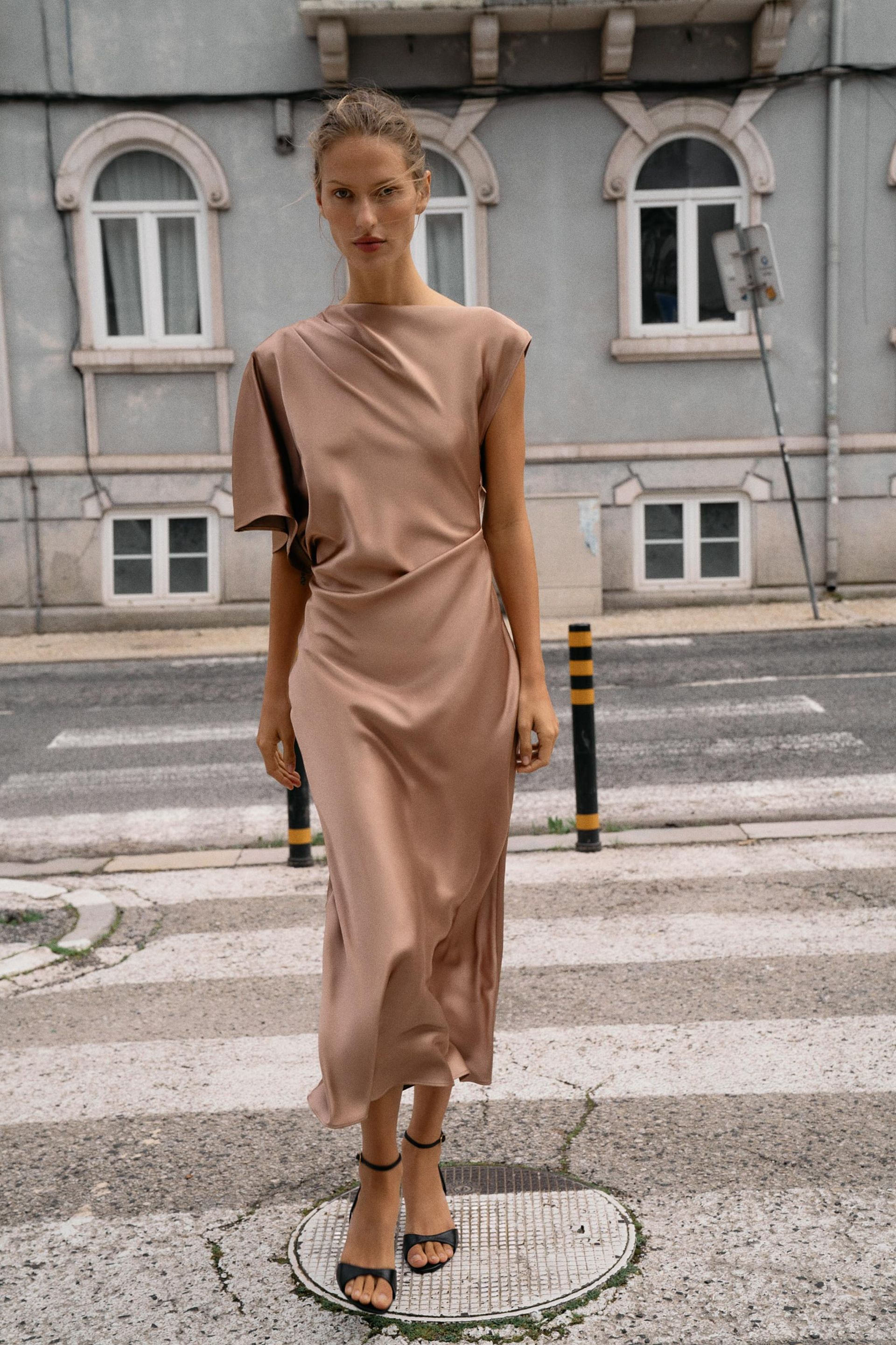 Satin Asymmetric Sleeve Midi Dress