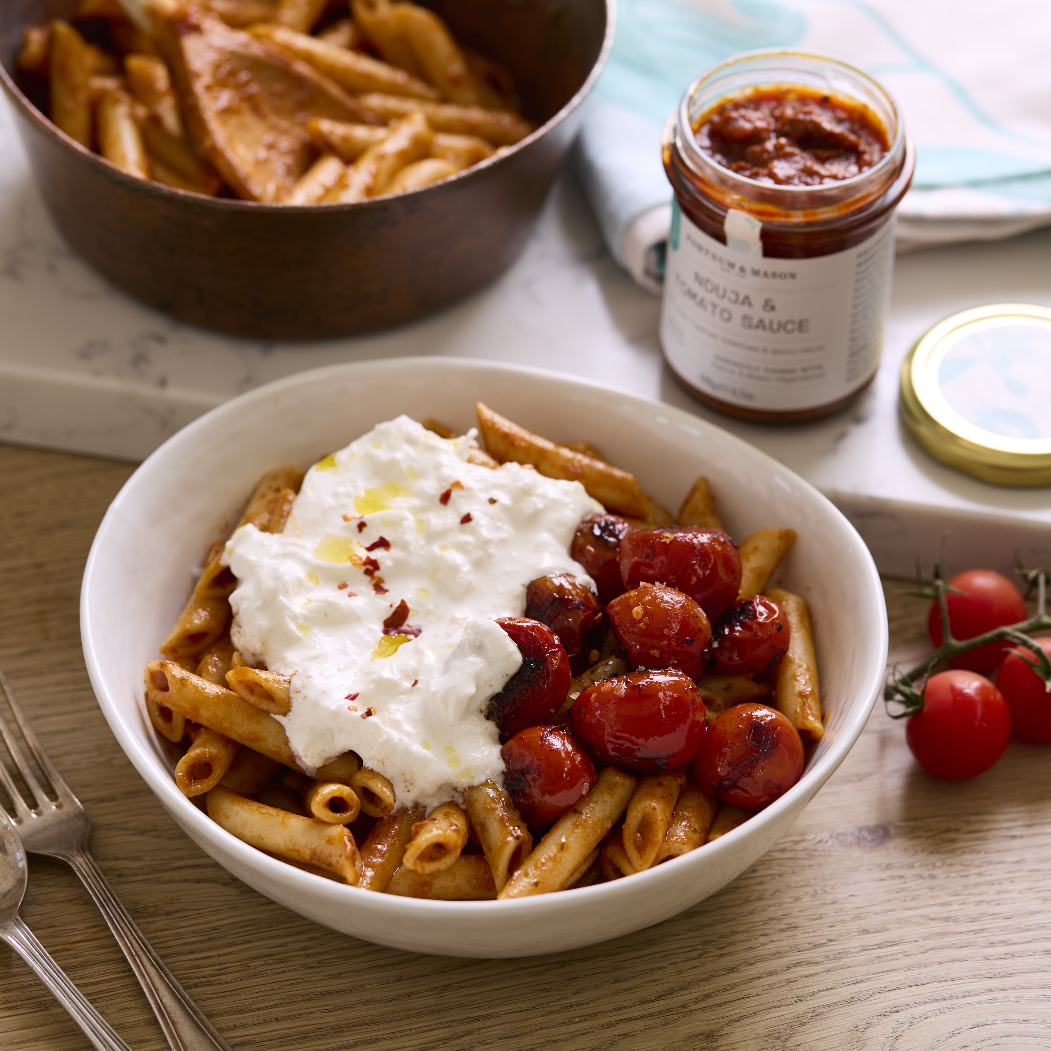 Pasta with the Fortnum's nduja sauce with tomatoes and cheese