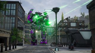 A big garish mech stomps down a street, firing lasers