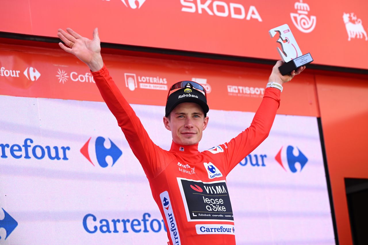 Jonas Vingegaard at Vuelta a Espana 2025, on podium in leader's jersey