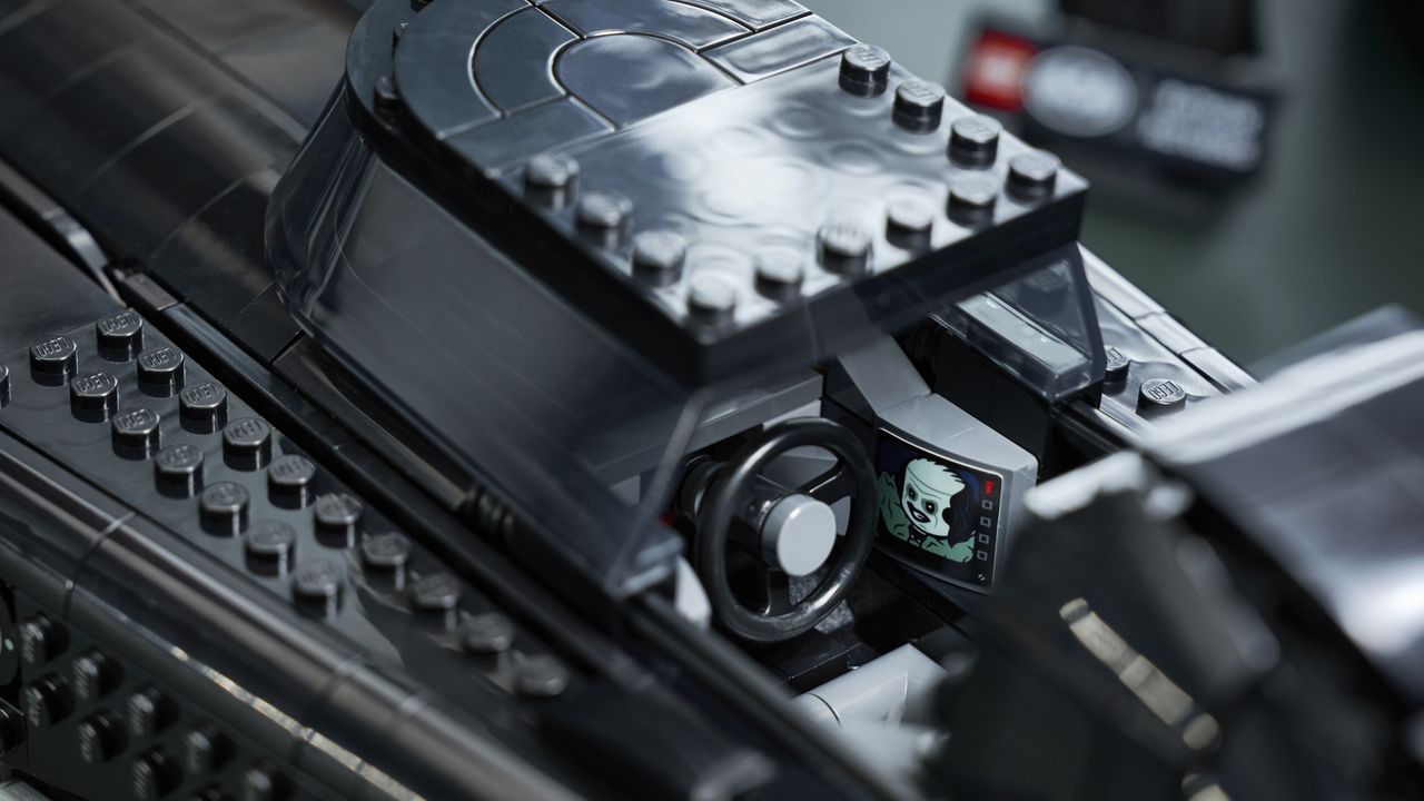 Lego Batman Returns Batmobile cockpit interior, with an image of Penguin on a screen