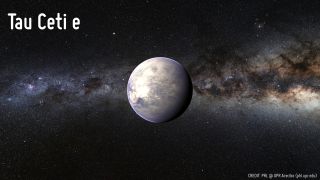 Artist's concept of the potentially habitable planet candidate Tau Ceti e, which was detected in December 2012 and lies 11.9 light-years from Earth. The possible planet is likely least 4.3 times as massive as Earth.