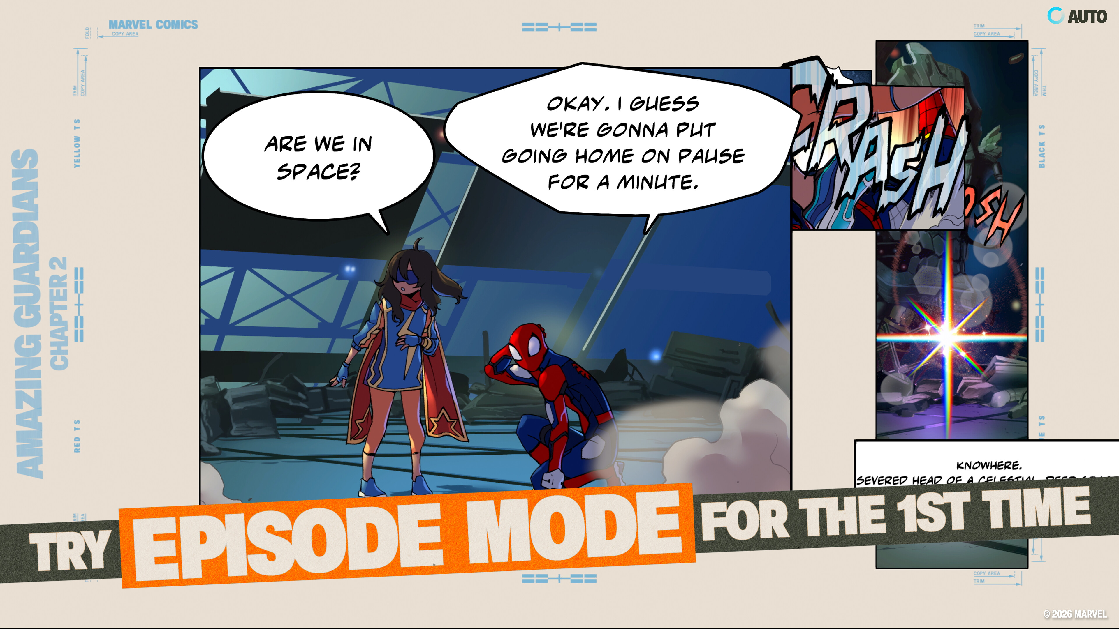 Marvel T&amp;#333;kon: Fighting Souls - An official screenshot of a comic cutscene from Episode Mode, featuring Ms Marvel and Spider-Man.