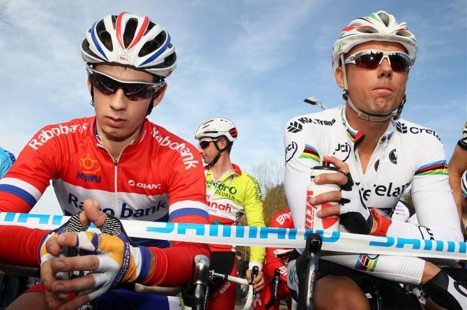 Lars van der Haar and Sven Nys await the start of the second 'cross World Cup round in Tabor