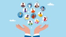 An illustration of a pair of hands beneath 13 bubbles containing a diverse range of people, representing DEI and diverse hiring.