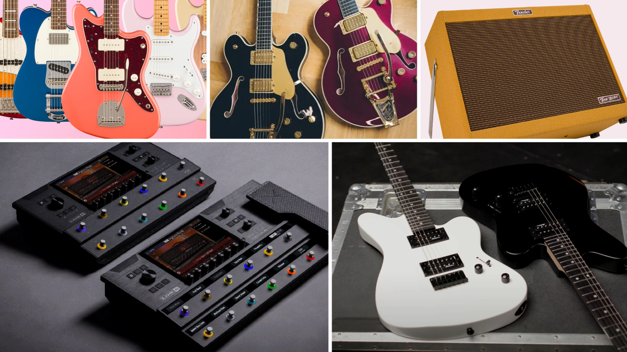 Squier Classic Vibe, Gretsch guitars, Fender Tone Master FR-12 Tweed, Line 6 Helix Stadium, Jackson Surfcaster