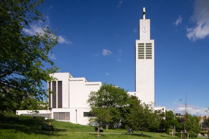 Large white building with clock tower