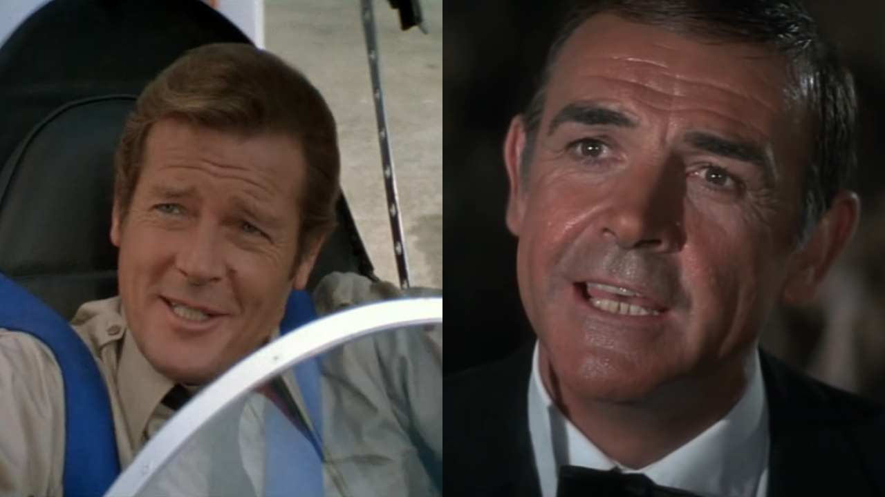 Roger Moore sitting in a mini jet in Octopussy and Sean Connery sitting in a tuxedo in Never Say Never Again, pictured side by side.