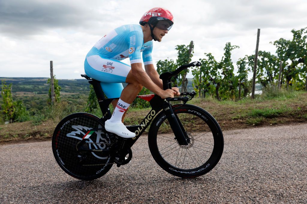 REMICH LUXEMBOURG SEPTEMBER 16 Matteo Trentin of Italy and UAE Team Emirates Blue Points Jersey sprints during the 82nd Skoda Tour Luxembourg 2022 Stage 4 a 261km individual time trial stage from Remich to Remich on September 16 2022 in Remich Luxembourg Photo by Bas CzerwinskiGetty Images