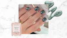 A close-up of a hand with green 'velvet'-like cat eye nails, created by nail artist Fliss Alton/@gelsbyfliss/ featured in a grey and white marbled template with a product shot of the Manucurist Active Shine nail polish and a green sparkly nail polish spill