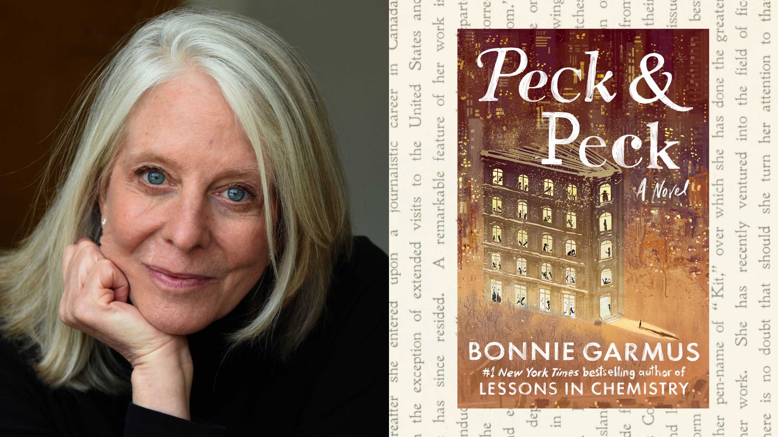 a split image of author bonnie garmus smiling and resting her chin on her wrist opposite the book cover of her novel peck and peck featuring a new york city building