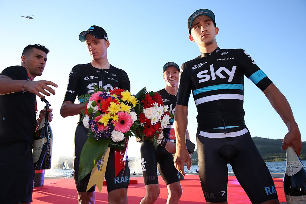 Team Sky riders on the Vuelta's stage 1 podium.