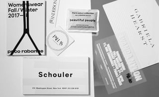 Fashion Week Invitations featuring black and white posters with logos for Schouler, Paco Rabanne, Gabriela Hears.