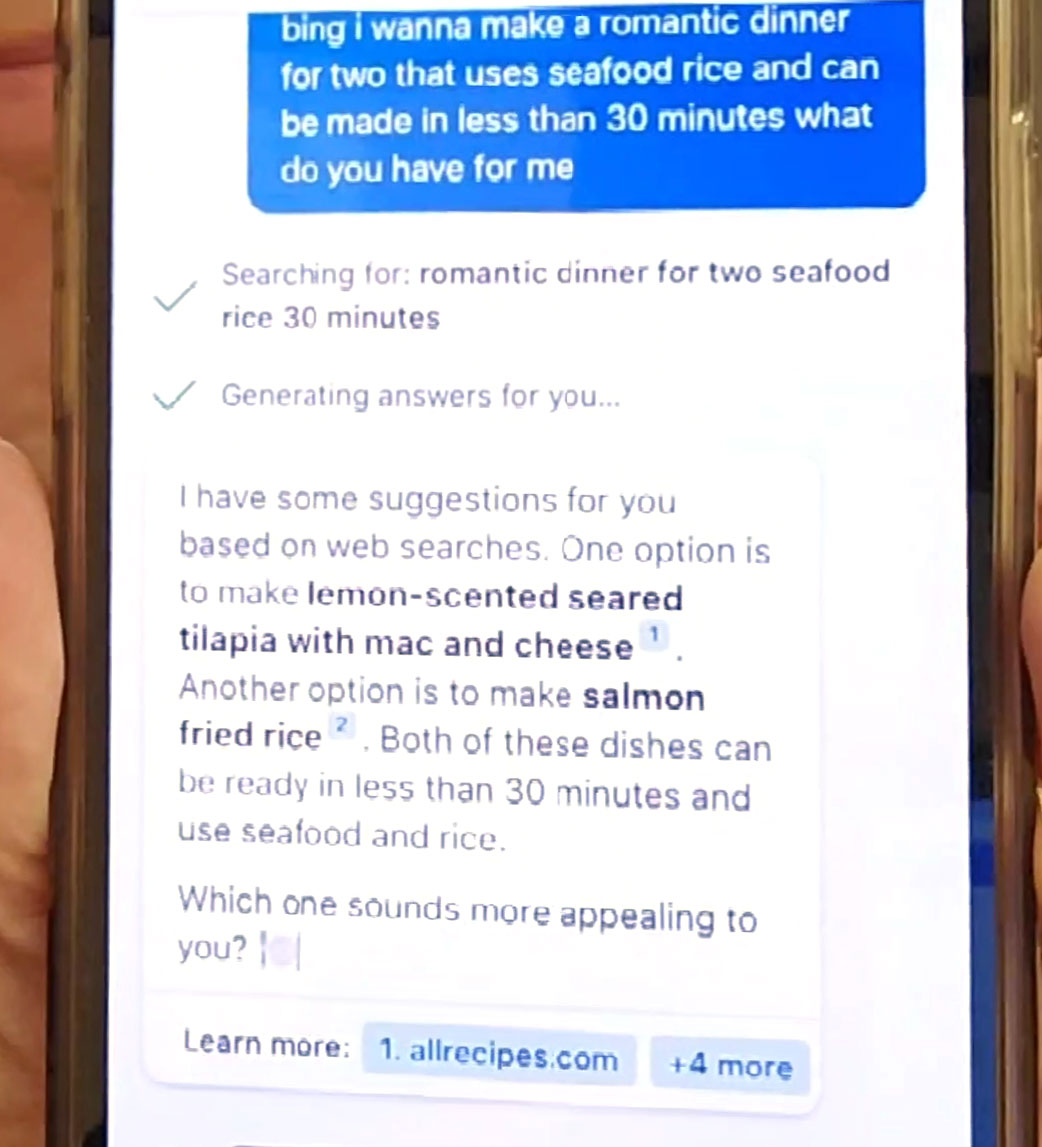 Bing AI Chat на мобильных идеях ужина