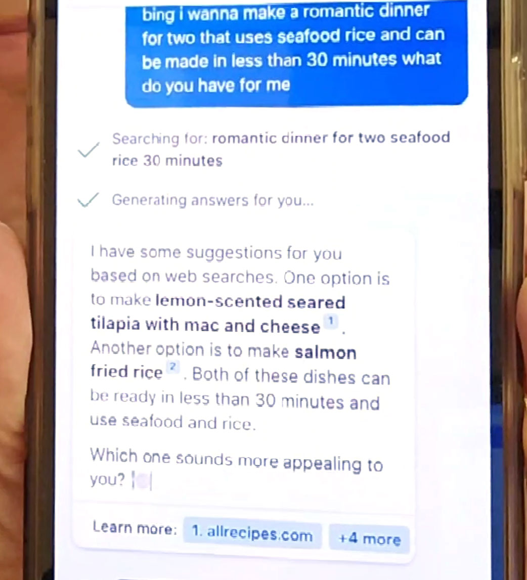 Bing AI Chat on Mobile dinner ideas
