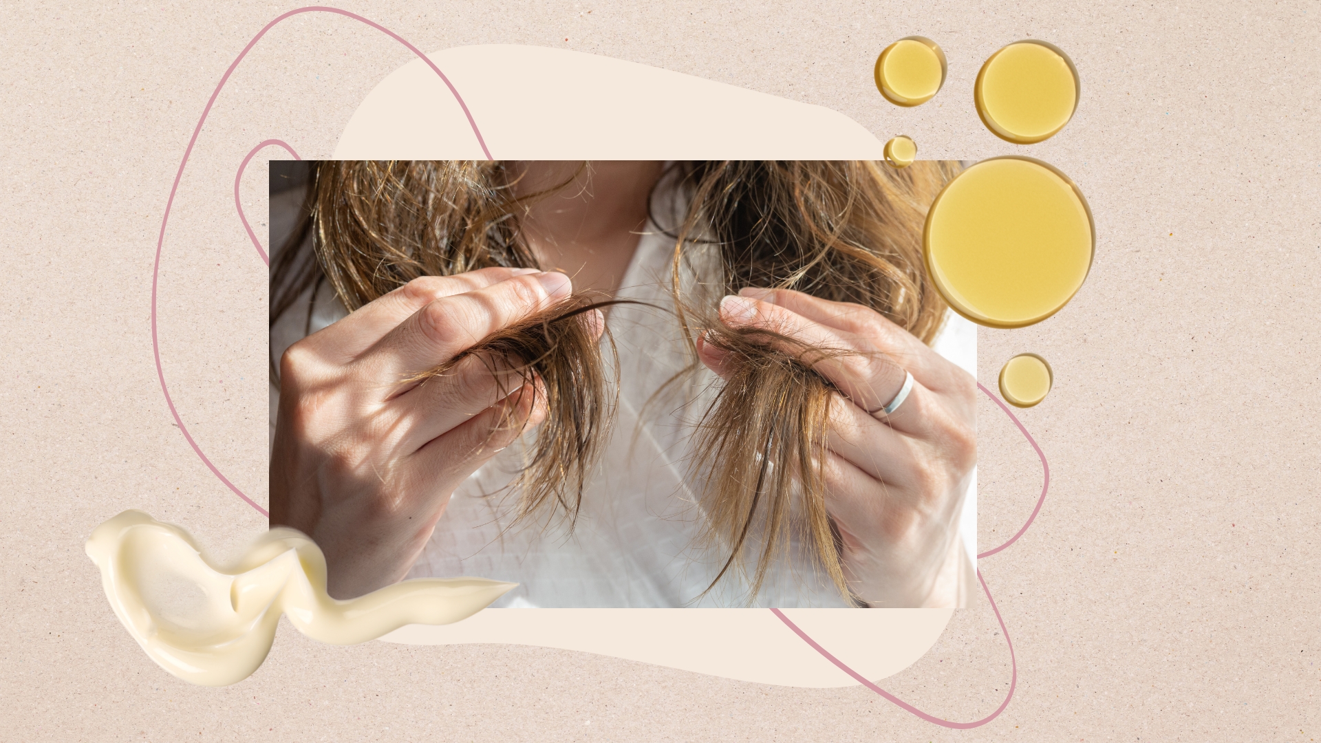 A close-up of a woman's hands seen holding up the ends of her hair and inspecting them/ in a cream template with a pink swirly line and two haircare product swatches