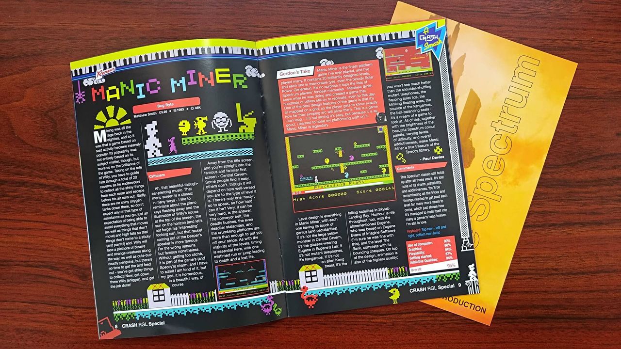 Crash Magazine included with The Spectrum White Edition with pages open at Manic Miner feature.