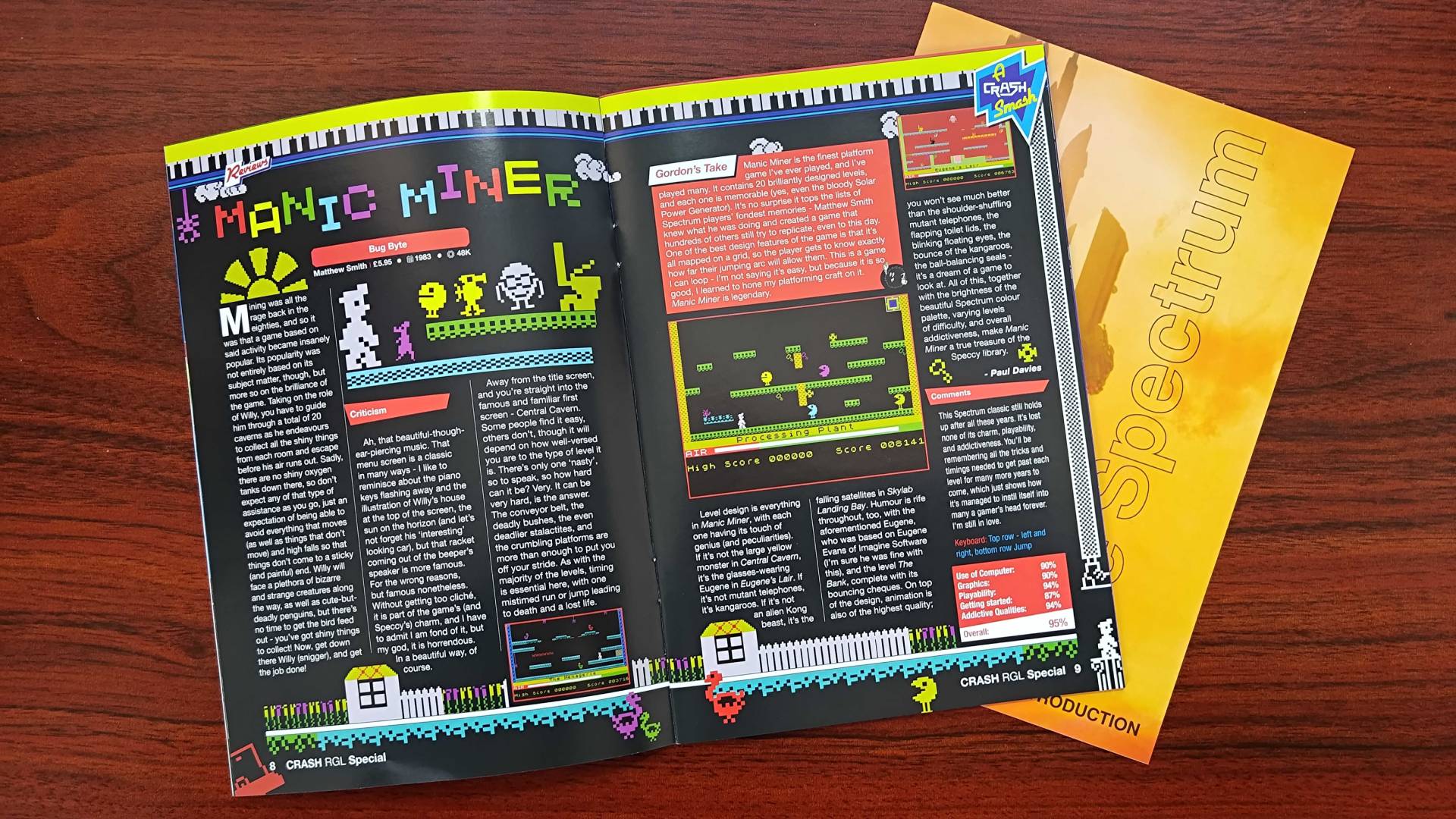 Crash Magazine included with The Spectrum White Edition with pages open at Manic Miner feature.