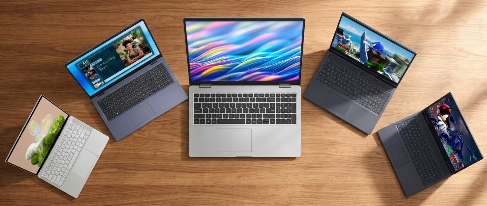 A collage of five Dell laptops arranged in a crescent shape on a wooden desk with sunlight pouring in from the right of the image.