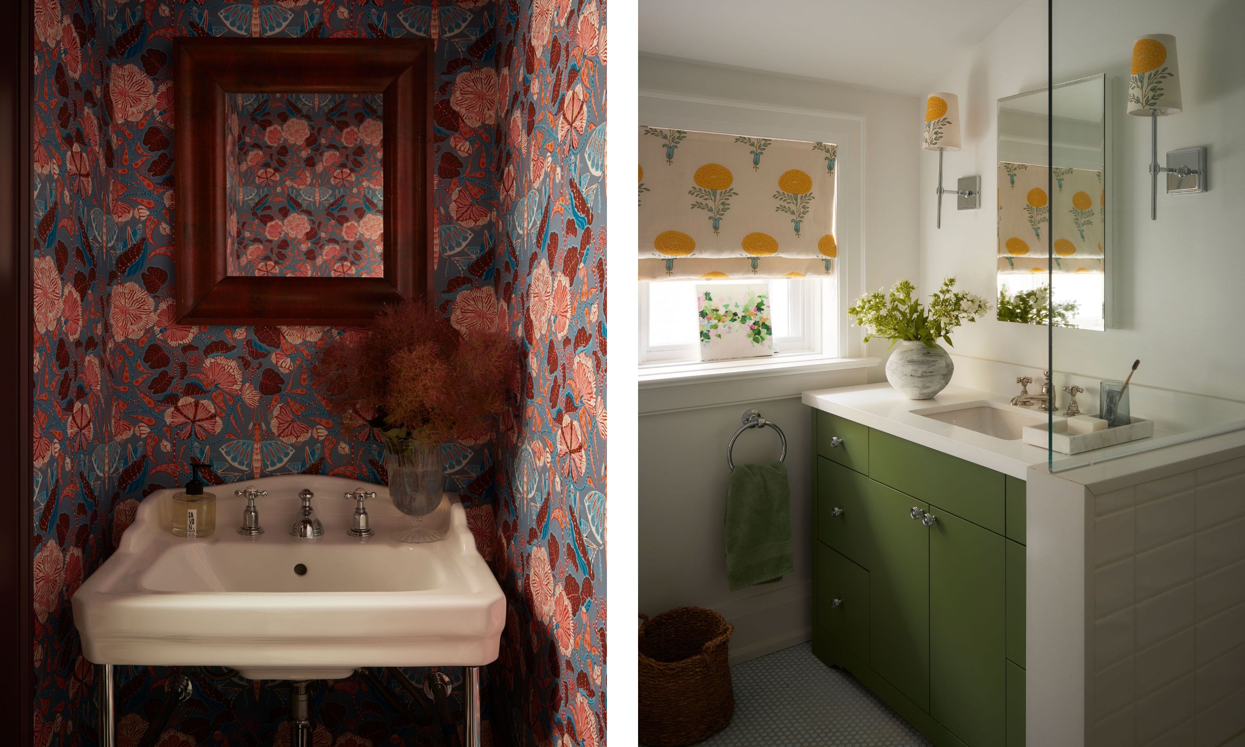 Two images of two different bathrooms: the first is a dark and moody powder room with pink and burgundy floral wallpaper, a white sink, and wood mirror. A kids' bathroom with white walls, a moss green vanity, and yellow floral Roman blinds.
