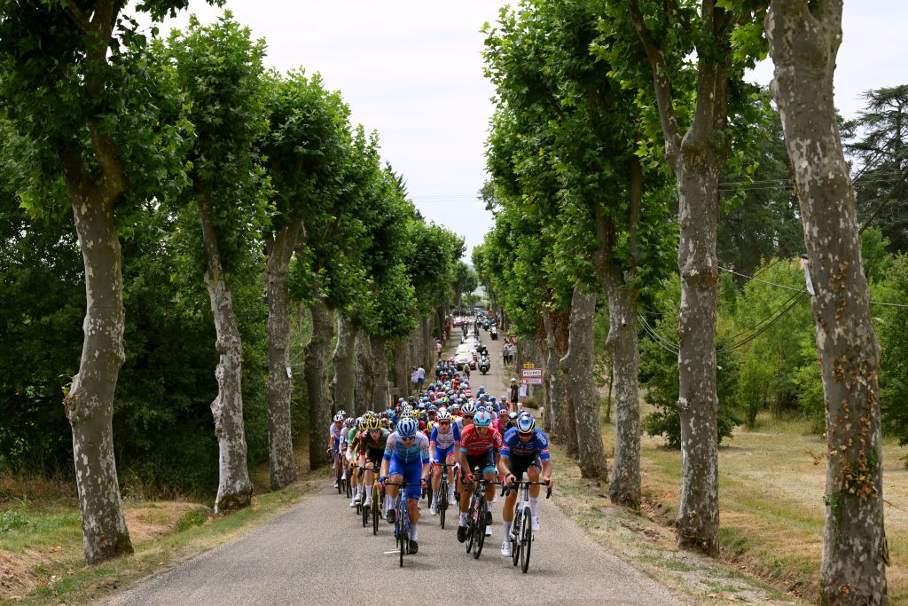 CAHORS FRANCE JULY 22 A general view of Christopher Juul Jensen of Denmark and Team BikeExchange Jayco Philippe Gilbert of Belgium and Team Lotto Soudal Guillaume Van Keirsbulck of Belgium and Team AlpecinFenix and the peloton passing through a Poupas city during the 109th Tour de France 2022 Stage 19 a 1883km stage from CastelnauMagnoac to Cahors TDF2022 WorldTour on July 22 2022 in Cahors France Photo by Dario BelingheriGetty Images