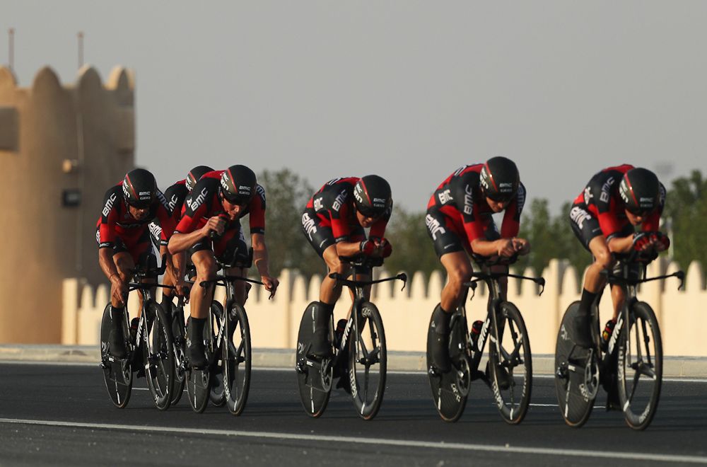 BMC racing en route to second place in the 2016 UCI Road Worlds team time trial