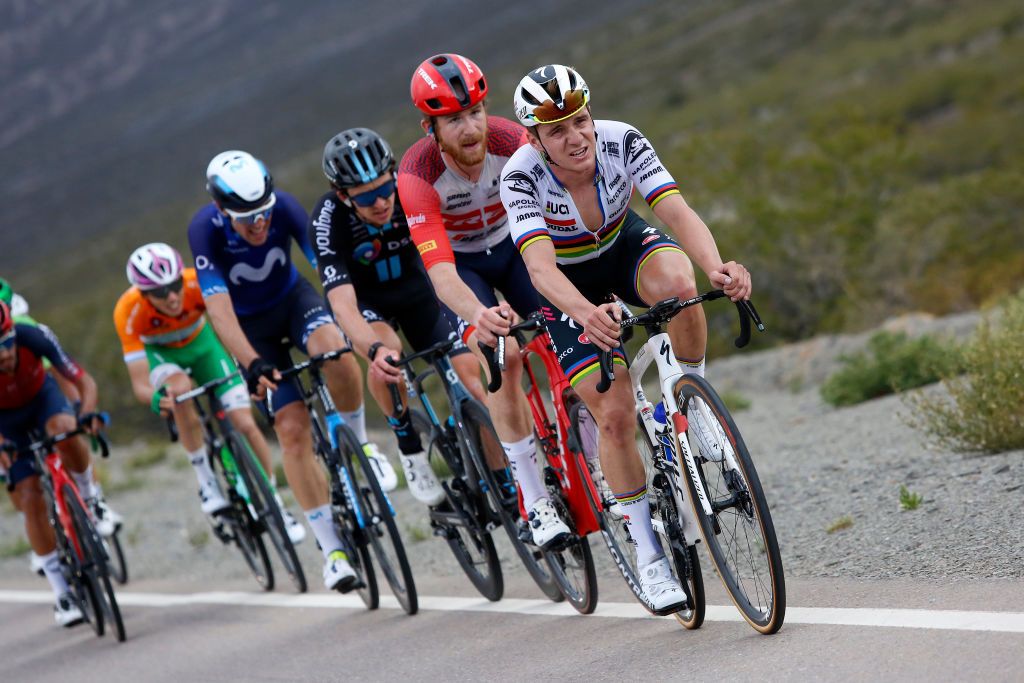 ALTO COLORADO ARGENTINA JANUARY 27 Remco Evenepoel of Belgium and Team Soudal QuickStep leads the breakaway during the 39th Vuelta a San Juan International 2023 Stage 5 a 1733km stage from Chimbas to Alto Colorado 2623m VueltaSJ2023 on January 27 2023 in Alto Colorado Argentina Photo by Maximiliano BlancoGetty Images