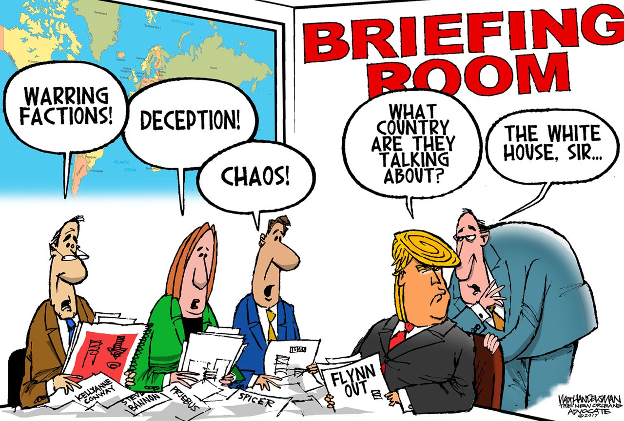 Political Cartoon U.S. President Trump briefing room White House chaos