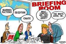 Political Cartoon U.S. President Trump briefing room White House chaos